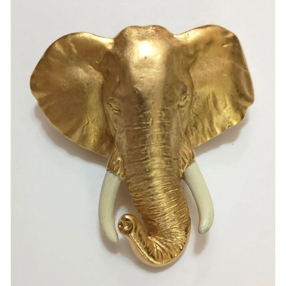 AJC Elephant Head Brooch Signed Gold Tone Faux Ivory Tusks Vintage Statement